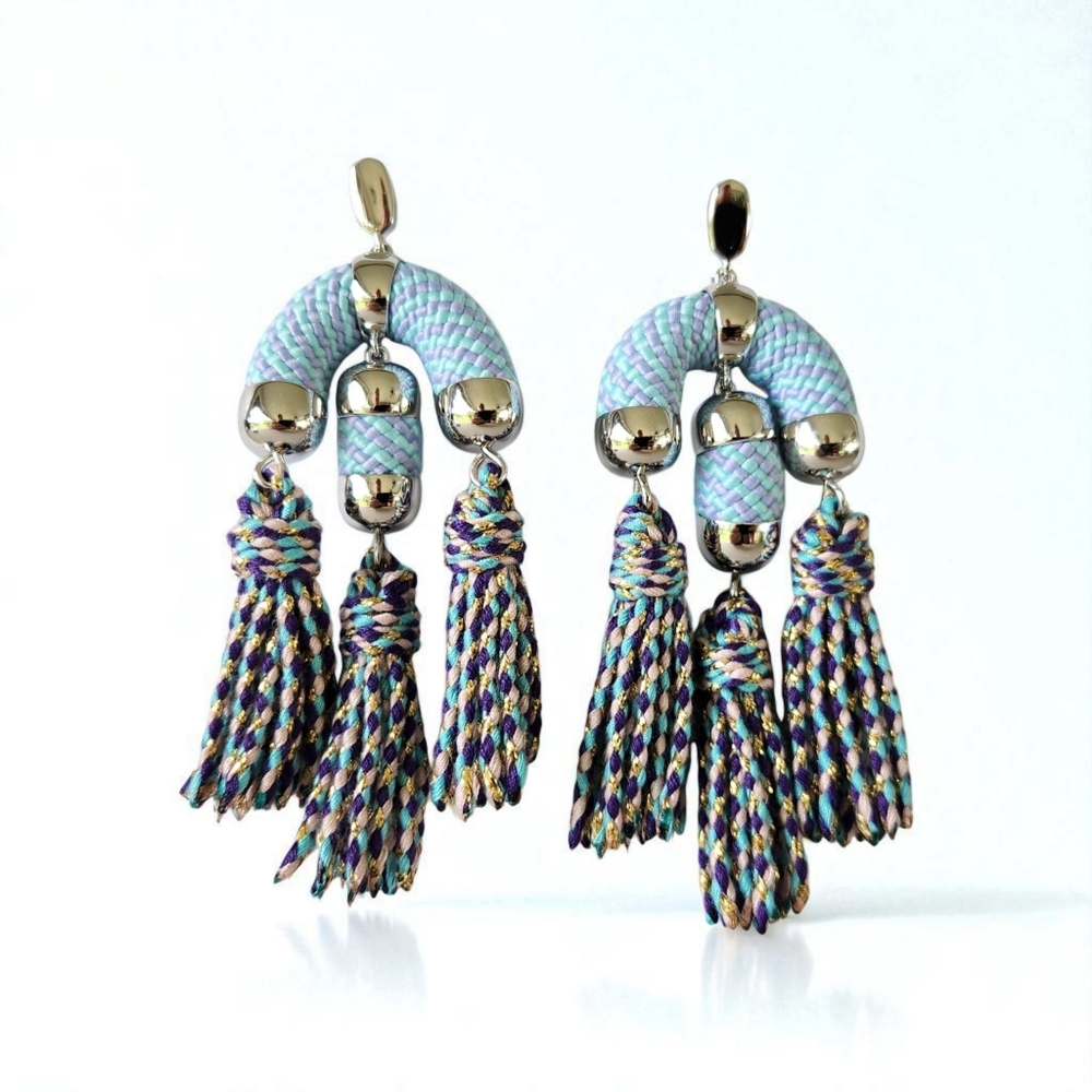 Kendra Scott Masie Boho Dangle Tassel Statement Earrings Blue Rhodium Silver